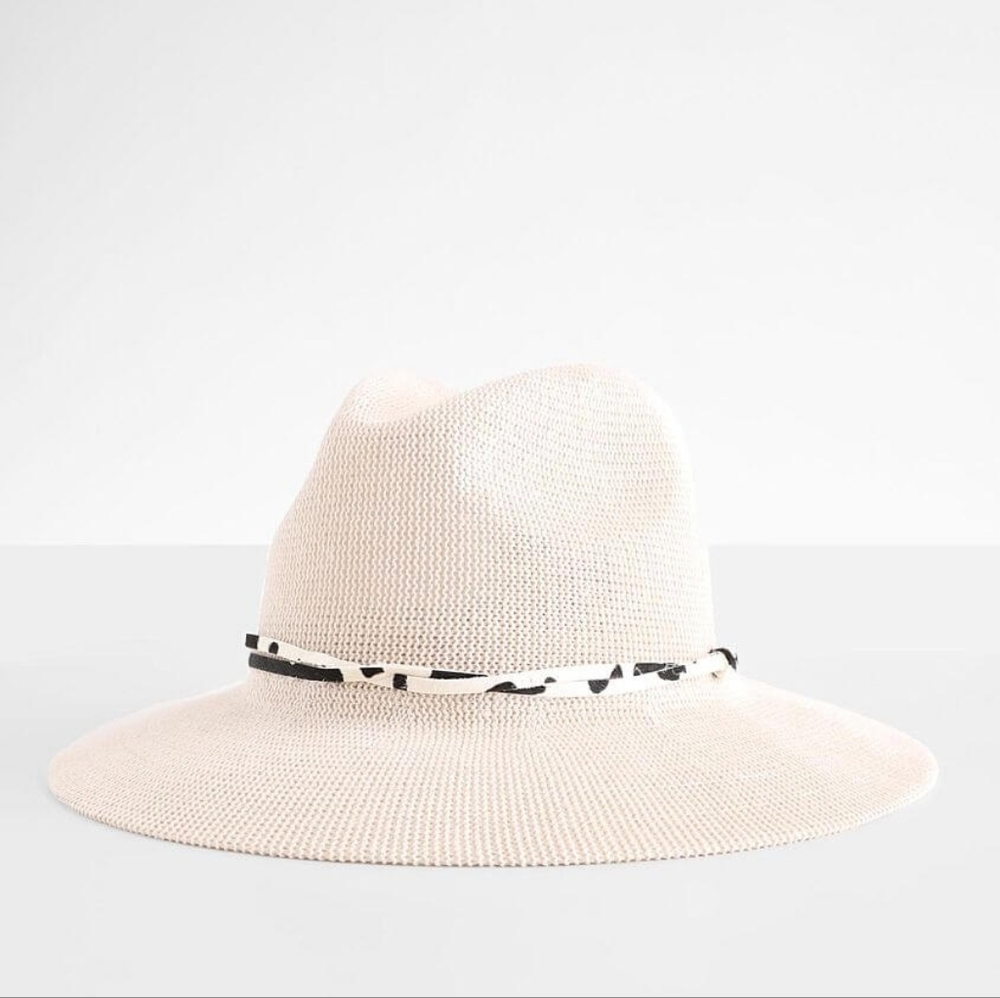 Wyeth Anthropologie Open Weave Beige Fedora Hat Black White Cow Print Band OS - Picture 3 of 5